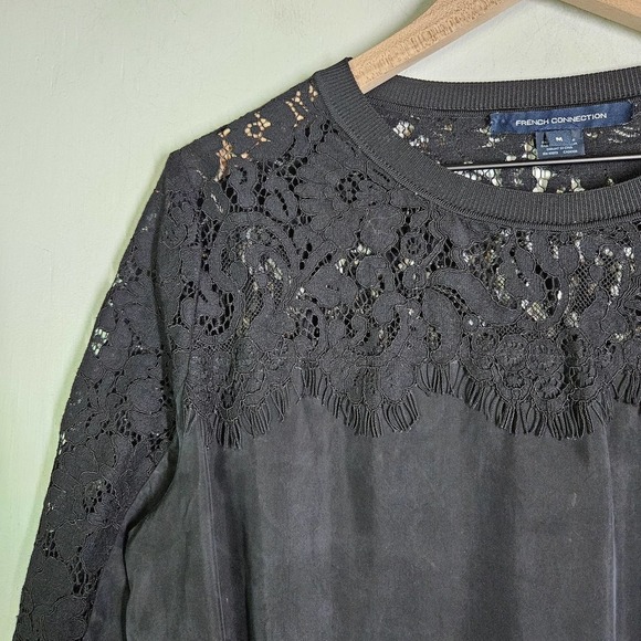 French Connection Lace & Silky Pullover Blouse M Black - Picture 2 of 10